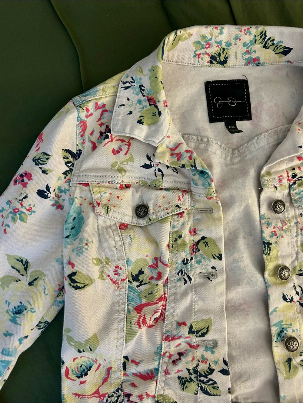 Jessica Simpson Off White Floral-Print Denim Jacket